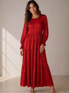 NWT Zesica Pecan Rust Long Sleeve Smocked Tiered Ruffle Peasant Dress Sz M (L)